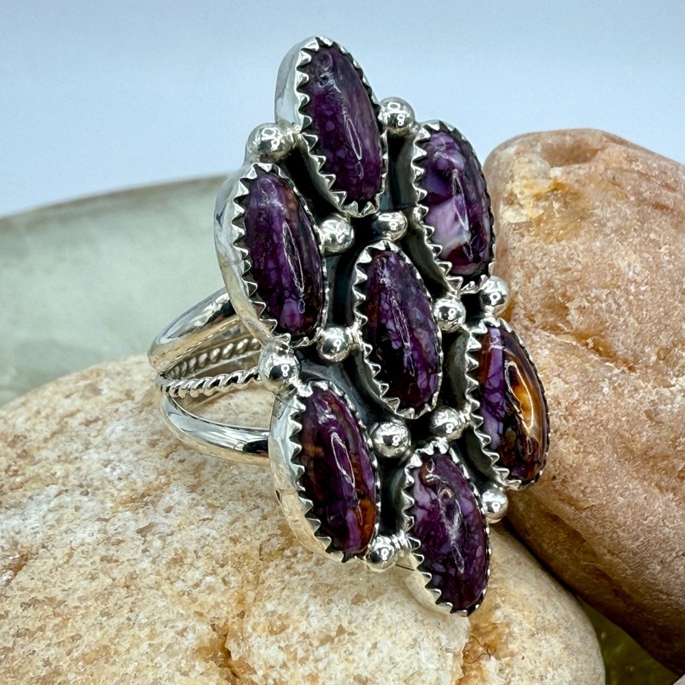 Native American Sterling Silver Purple Spiny Oyster 7-Stone Ring Roberta Begay - Picture 4 of 17